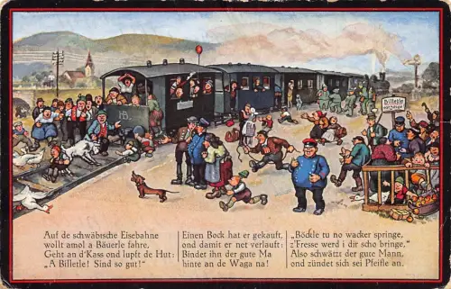 Deutschland Schwäbische Eisebahne Bahn Werbung Hund Gänse Zug Comic Postkarte