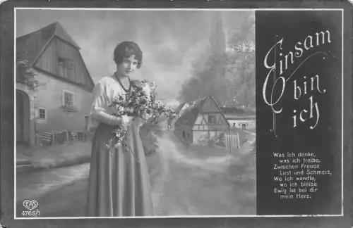 Ich bin einsame Gedicht Frau hält Blumen Straße Fotomontage Postkarte