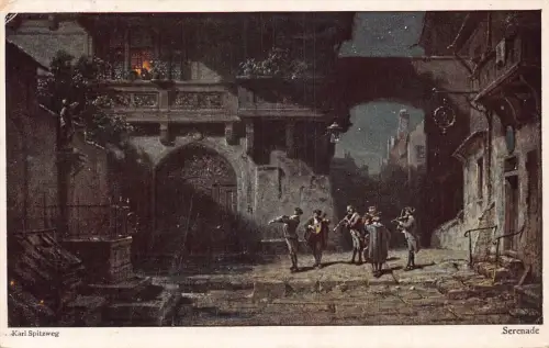Kunst von Carl Spitzweg Serenade Musikspieler bei Nacht unter Balkon Postkarte