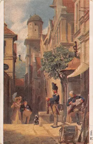 Kunst signiert Carl Spitzweg 1921 Soldaten Bajonette Paar Hund Straße Postkarte