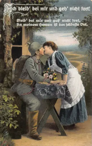 Liebesromantik Paar küsst über Schreibtisch Infanterie Soldat Blumen Vintage Postkarte