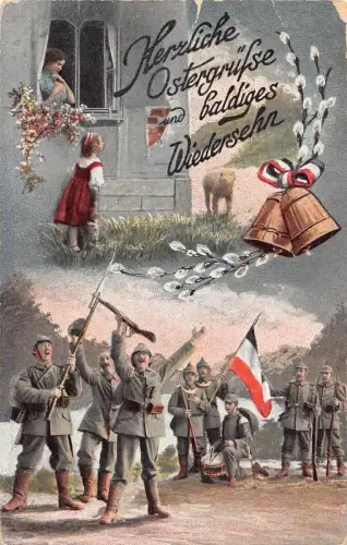 Ostergrüße 1915 Soldaten feiern Riffle Flagge Mädchen Feld 1. Weltkrieg Postkarte