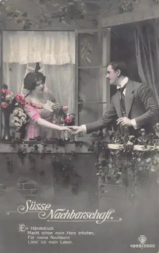 Paar hält Hände über Balkon Rosen Liebe Romantik 1916 Feldpostkarte 1. Weltkrieg