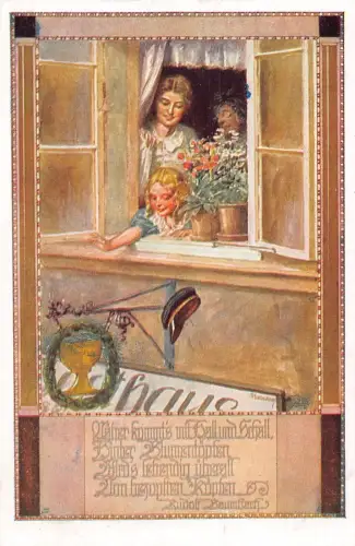 Kunst 1919 Mädchen fallen Hut aus Fenster Blumen Laden Schild Vintage Postkarte