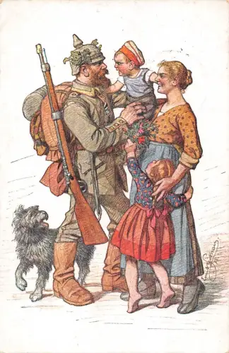 Familie grüßt Zuhause Vater Infanterie Soldat 1. Weltkrieg Kinder Hund 1916 Feld Postkarte