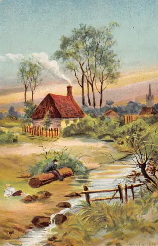 Malerische Dorfansicht Arbeiter ruhen am Flusshaus Rauch Vintage Postkarte