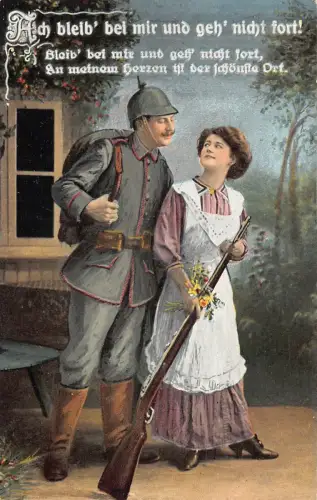 Liebesromantik Paar flirtet Infanterie Soldatin Frau hält Riffle Blume Postkarte