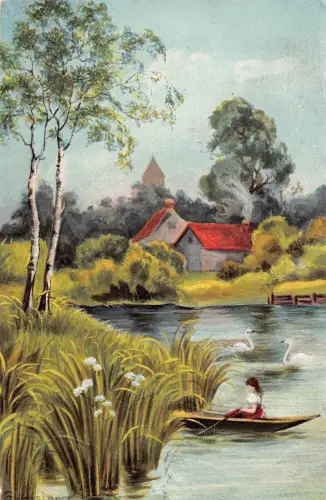Idyllische Landschaft Ansicht Mädchen Ruderboot Schwäne Häuser See Kunst Postkarte