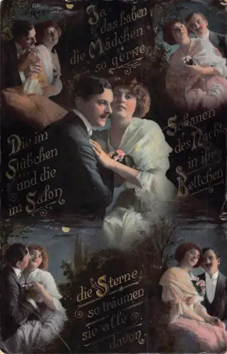 Leidenschaftliche Liebe 1913 Paar in verschiedenen Posen und Zitaten Vintage Postkarte