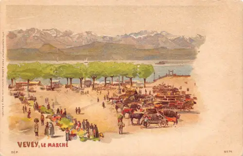Schweiz Vevey Le Marche Markt Litho Vintage Postkarte