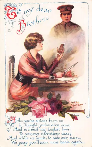 Bruder Gone in War Frau schreibt Brief hält Foto Rosen Gedicht Postkarte