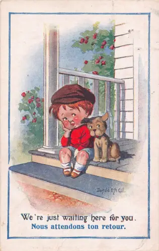 Kunst 1923 Junge und Hund sitzen auf Veranda und warten hier auf Sie Vintage Postkarte