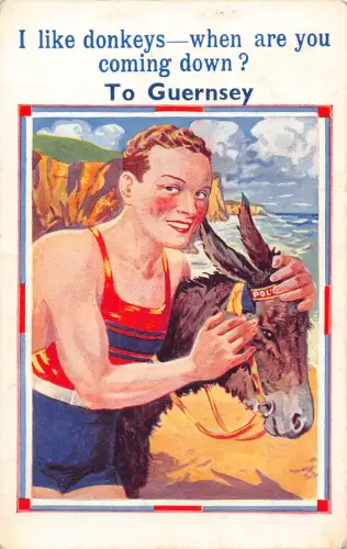 Guernsey Mann im Badeanzug Strand Ich mag Esel Wann kommen Sie Postkarte
