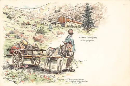 Deutschland Gruss aus Melkerei Mann Esel gezogen Karre Litho Vintage Postkarte
