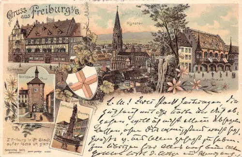 Deutschland Gruss aus Freiburg i B 1898 Litho Vintage Postkarte
