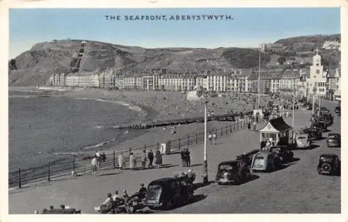 Wales Seafront Aberystwyth Cars Beach Vintage Postkarte