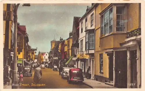 England High Street Salisbury Cars Hotel Schild Vintage Postkarte