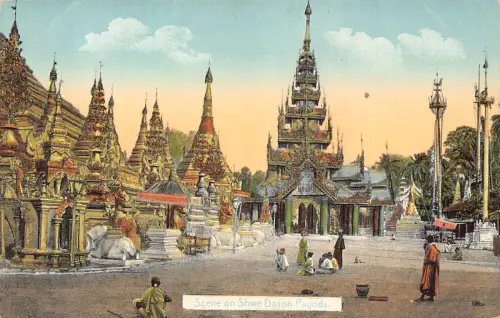 Myanmar Burma Szene der Shwe Dagon Pagode Rangun Ureinwohner Vintage Postkarte