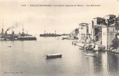 Frankreich Villefranche Gare La Reserve Bahnhof Dampfschiff Vintage Postkarte