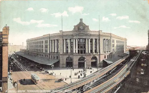 A989 US 1910 Massachusetts Boston South Terminal Station Railway Tram Postkarte