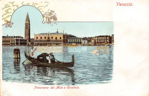 B001 Italien Venezia Venedig Panorama del Molo e Gondel Blumen Postkarte