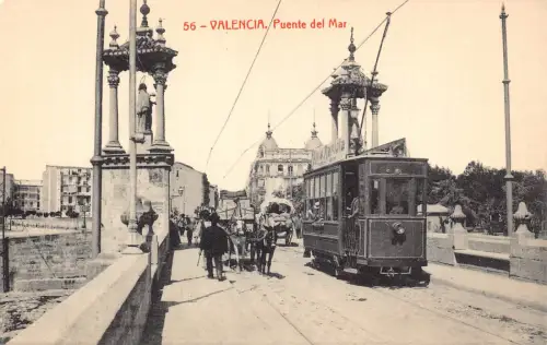 Spanien Valencia Puente del Mar Straßenbahn Kutsche Vintage Postkarte