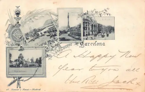 Spanien Recuerdo de Barcelona Mehransicht Blumen Wappen ungeteilt Postkarte