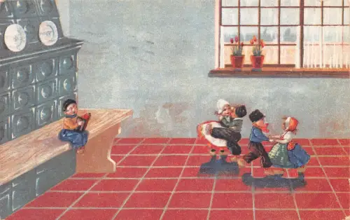 Fantasy 1931 Zwerge tanzen in menschengroßem Zimmer spielen Akkordeon Postkarte