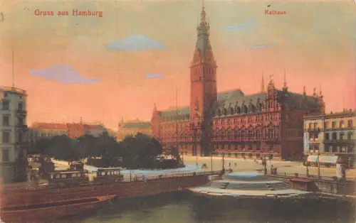 Deutschland 1912 Gruss aus Hamburg Rathaus Rathaus Straßenbahn Vintage Postkarte