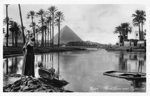 Ägypten Kairo Überschwemmungszeit in der Nähe von Pyramiden Boot Beduinen ethnische Vintage Postkarte