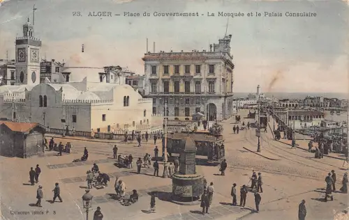 A614 Algerien Algier Alger 1907 Moschee Palais Consulaire Straßenbahn Postkarte