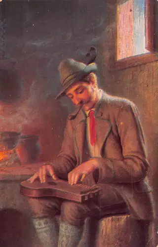 A635 Deutschland Ethno Pfeifenraucher spielt Musikinstrumente Vintage Postkarte