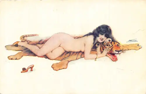 L468 Glamour Nude Risque lady posing signed Suzanne Meunier vintage postcard