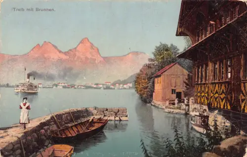 A637 Schweiz Treib mit Brunnen Boote Dampfschiff Vintage Postkarte