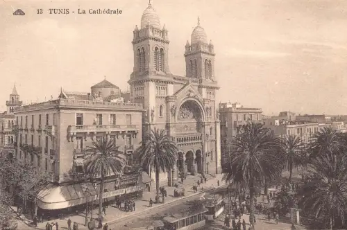 A637 Tunesien Tunis Kathedrale Cafe Straßenbahn Vintage Postkarte