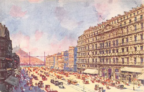 A637 Frankreich Marseille Hotel Louvre und Paix Kunstwagen Straßenbahn Oldtimer Postkarte