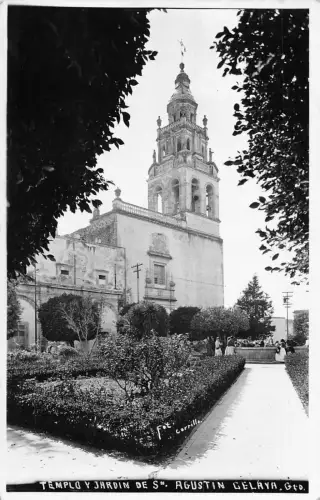 A645 Mexiko Templo De San Agustin Celaya Tempelgarten RPPC Vintage Postkarte
