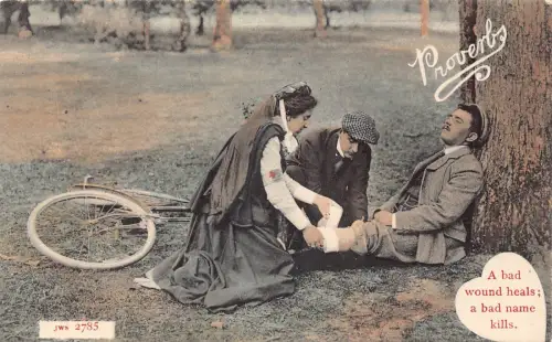 A680 Sprichwörter Schlechte Wunde heilt einen schlechten Namen tötet Rotkreuz Krankenschwester Fahrrad Postkarte