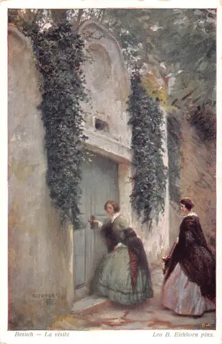 A688 Kunst von Leo B Eichhorn Zwei Frauen besuchen Vintage Postkarte