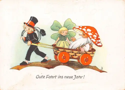 Neujahr Fantasy vermenschlichte Pilz Kleeblatt Schornsteinfeger Postkarte B808
