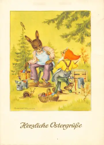 Ostern 1961 Kunst Lambertz vermenschlichtes Kaninchen malt Ei Zwerg Fantasy Postkarte B808