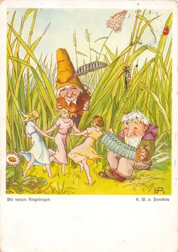 Fantasy 1939 Wir tanzen Kingelreigen Feentanz Akkordeon Zwerg Postkarte B808