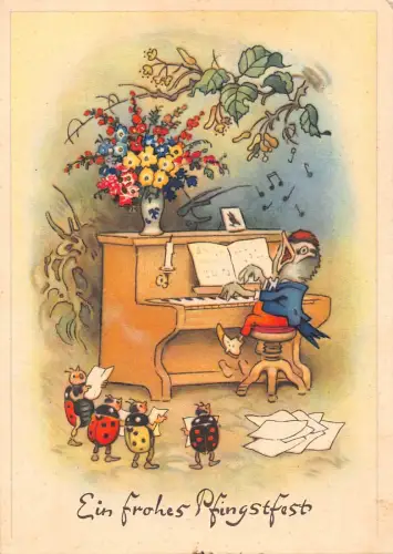 Pfingsten 1953 Fantasie vermenschlichtete Marienkäfer Vogel singen Klavier spielen Postkarte B808