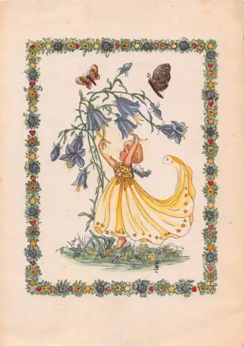 Fantasy 1944 Barfußfee gelbes Kleid Blumen Schmetterling Postkarte B808