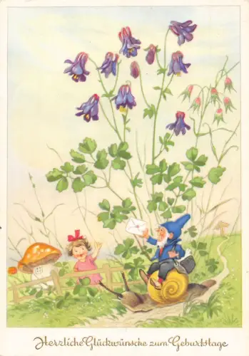 Geburtstagsgrüße Postbote Zwergenritt Schnecke Pilzhaus Blume Postkarte B808