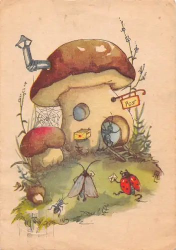 Fantasy Mushroom Post Office Humanized Moth Marienkäfer Ameisen Postkarte B808
