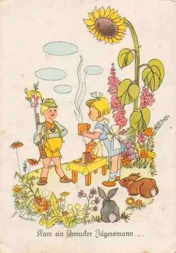 Fantasy Feen Jäger Junge Koch Mädchen Tee Sonnenblume Hasen Feld Postkarte B808