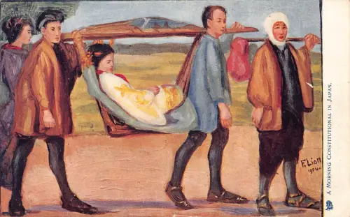 A662 Japan A Morning Constitutional Art by F Lion 1904 Men Caring Woman Postkarte
