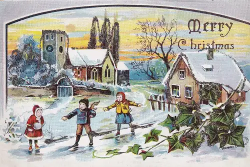 B451 Neuheit Glitzer Weihnachtsgrüße Efeu Blätter Kinder Schlittschuhlaufen Postkarte