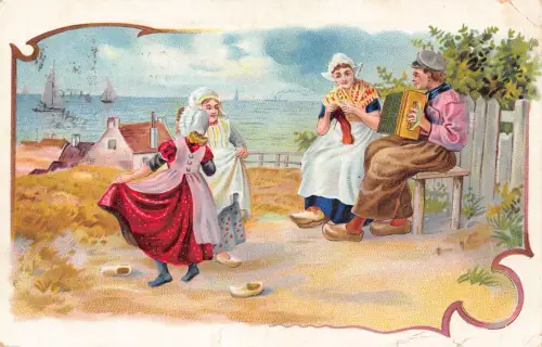 B452 Ethnische 1907 niederländische Mädchen tanzen Akkordeonspieler Meer Seite Vintage Postkarte